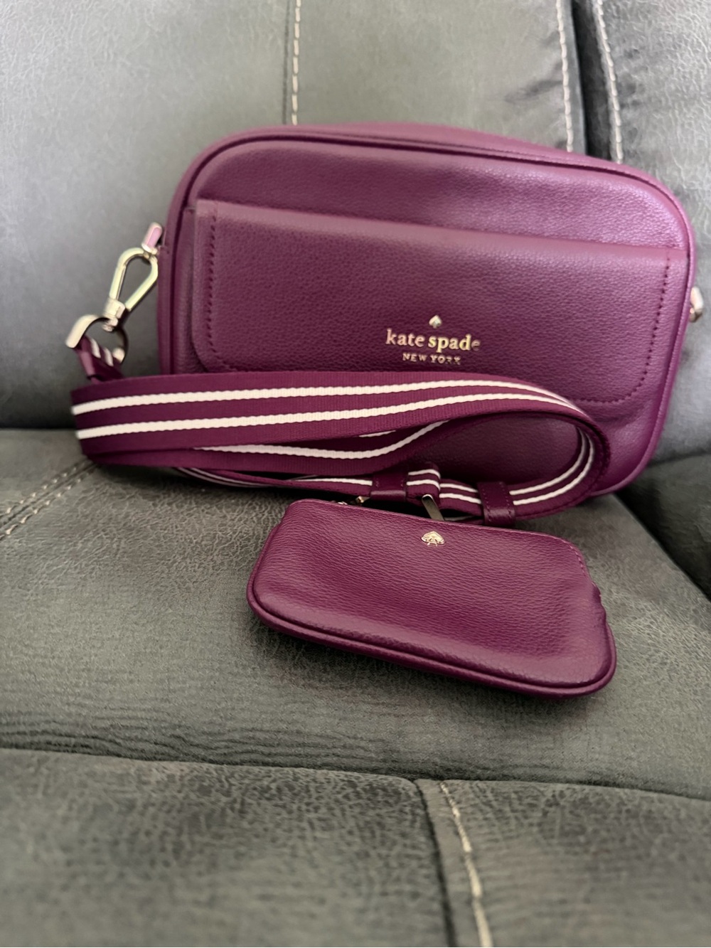 kate spade Burgundy Pebbled Leather Crossbody Camera Bag with Striped Strap